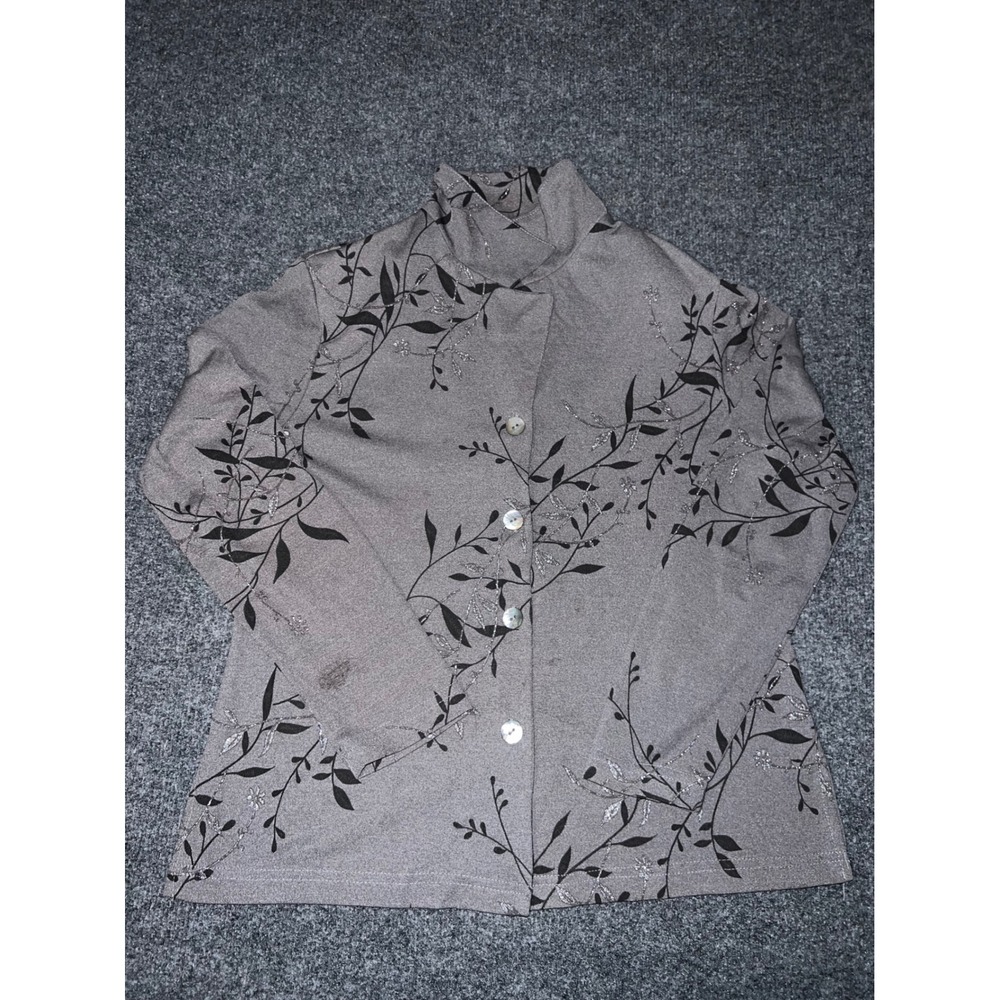 Sheri Martin New York Gray Floral Glitter High Neck Blouse Size Medium